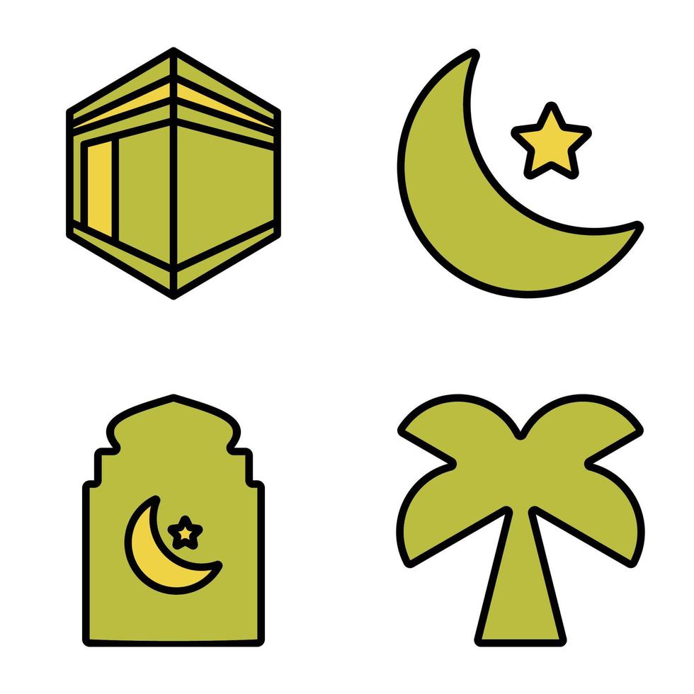 einstellen von islamisch Symbole eben Design Weiß Hintergrund, Vektor Illustration von Moschee, Kaaba, Star Mond, Palme, Ornament.