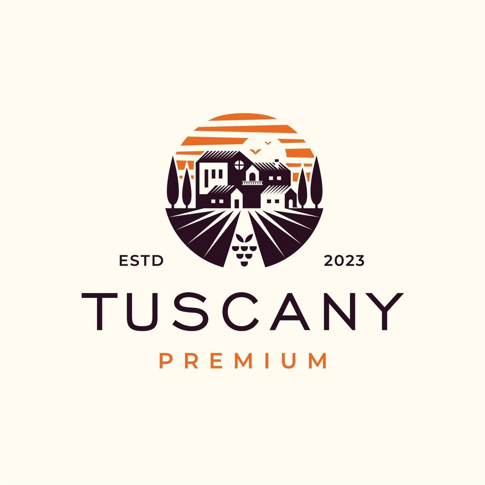 vingård landskap med tuscany hus logotyp emblem. bruka druva fält med hus vektor illustrationer