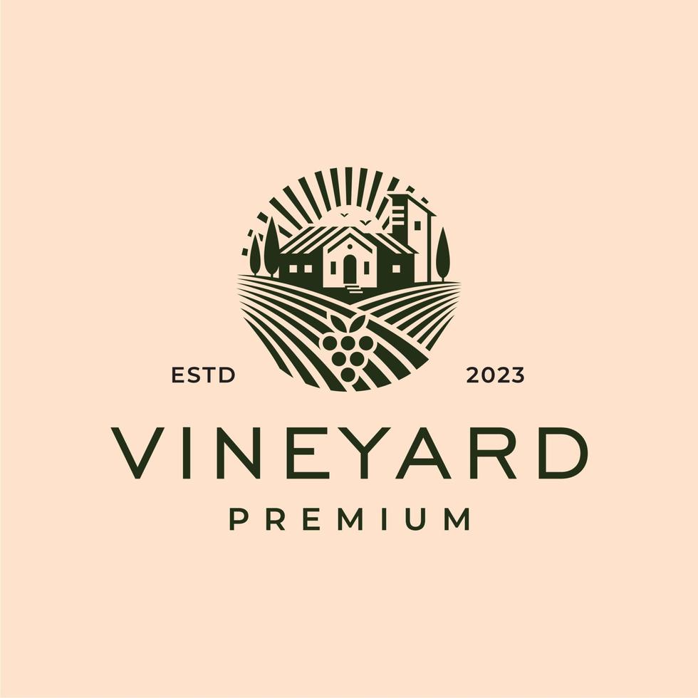 vingård landskap med hus logotyp emblem. bruka druva fält med hus vektor illustrationer