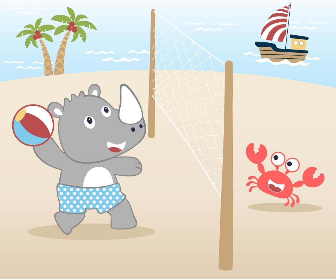 vektor tecknad serie illustration av noshörning med liten krabba spelar volleyboll i de strand