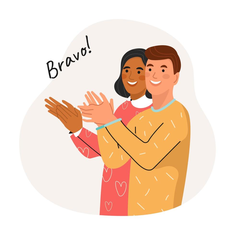lächelnd multikulturell Menschen klatschen Hände. Mann und Frau applaudieren, feiern gut austeilen. Wissen und Dankbarkeit. eben Vektor Illustration.