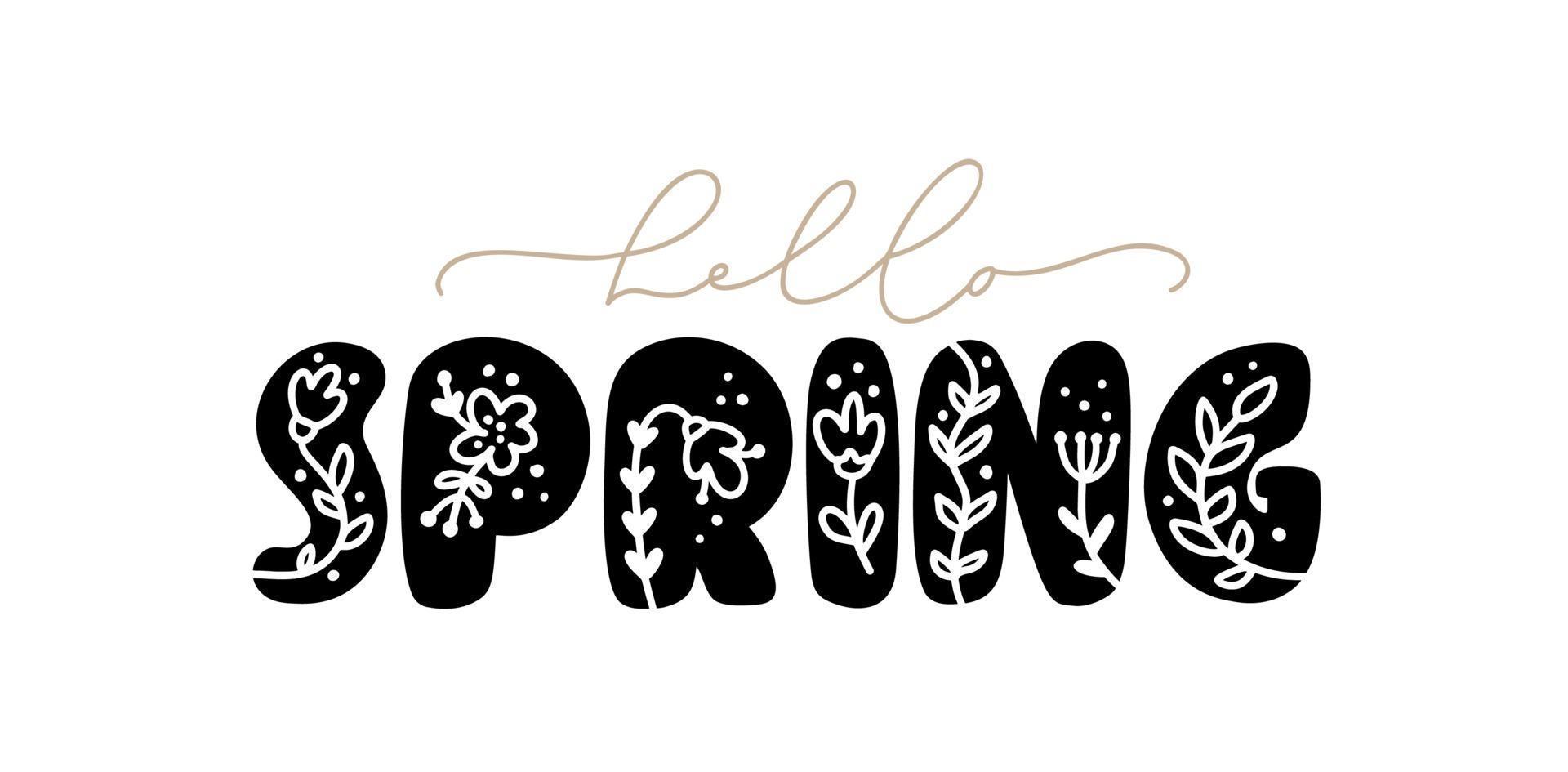 kalligrafi bokstäver fras hej våren. vektor handritad isolerad text. skiss doodle design för gratulationskort, klippbok, tryck