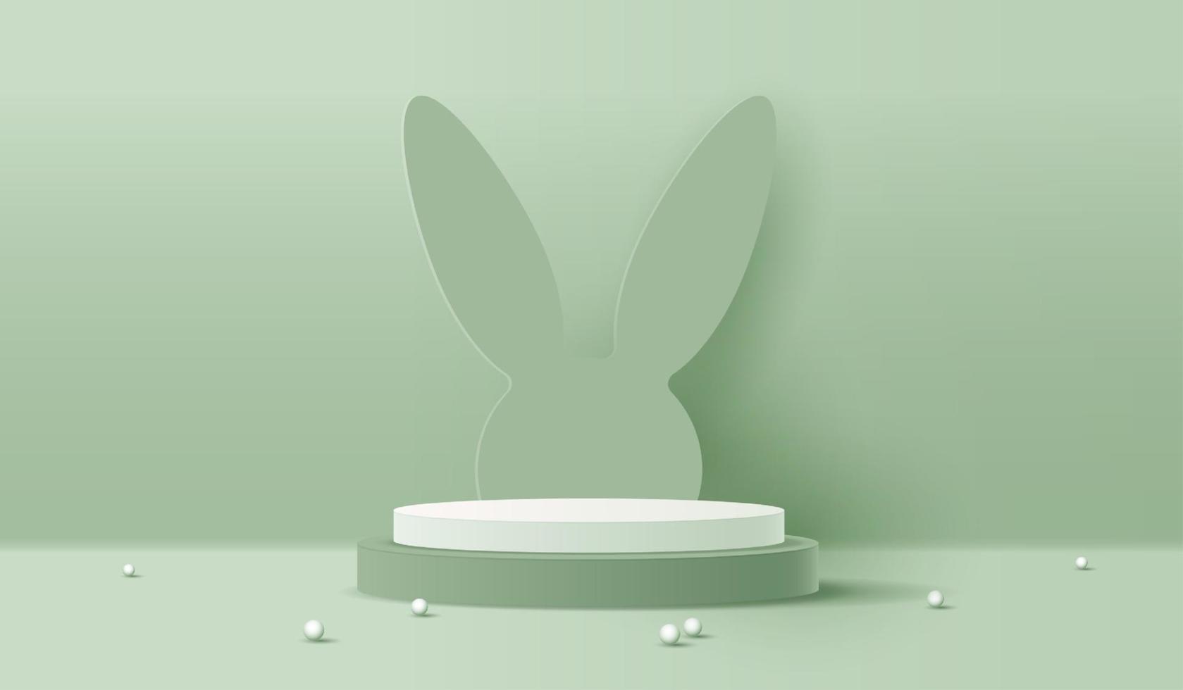 Lycklig påsk grön bakgrund och papper konst podium visa för produkt presentation branding och förpackning presentation. studio skede med kanin bakgrund. vektor design.