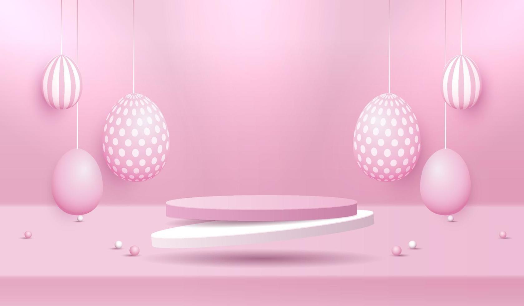 Lycklig påsk rosa bakgrund och papper konst podium visa för produkt presentation branding och förpackning presentation. studio skede med ägg och kanin bakgrund. vektor design.