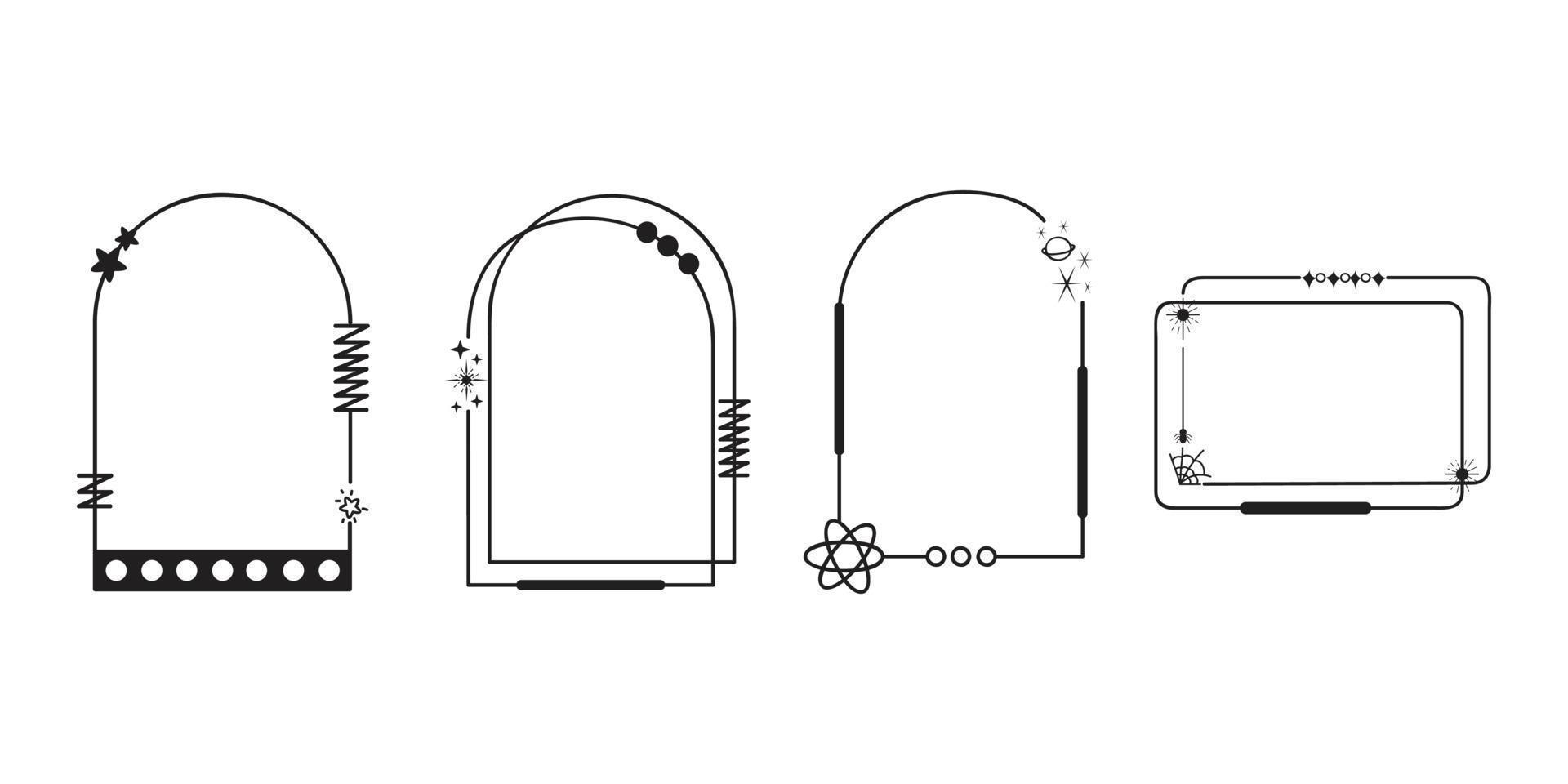 modern minimalistisk estetisk linje ram element, trendig linjär ramar med stjärnor, geometrisk formulär. båge ram med pärlar för social media eller affisch design, enkel dekorativ ram med boho stil vektor