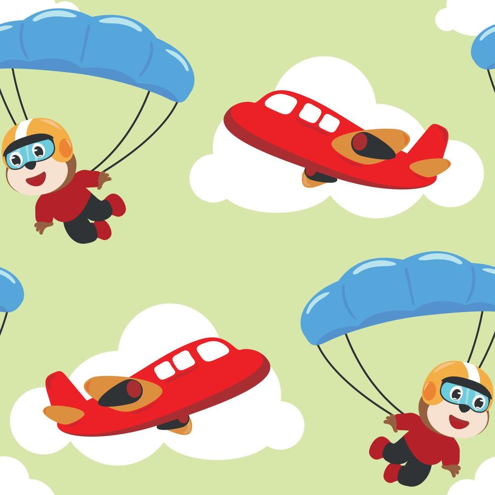 nahtlos Muster Vektor mit Fallschirmspringer Tiger, Fallschirm und Flugzeuge. Design Konzept zum Kinder Textil- drucken, Kindergarten Hintergrund, Verpackung Papier. süß komisch Hintergrund.