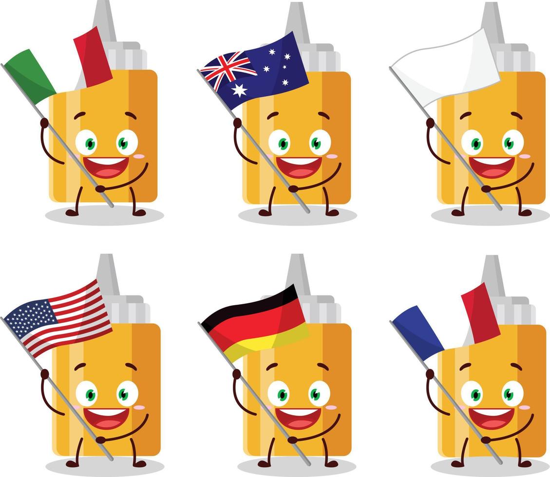 Mayonnaise Flasche Karikatur Charakter bringen das Flaggen von verschiedene Länder vektor