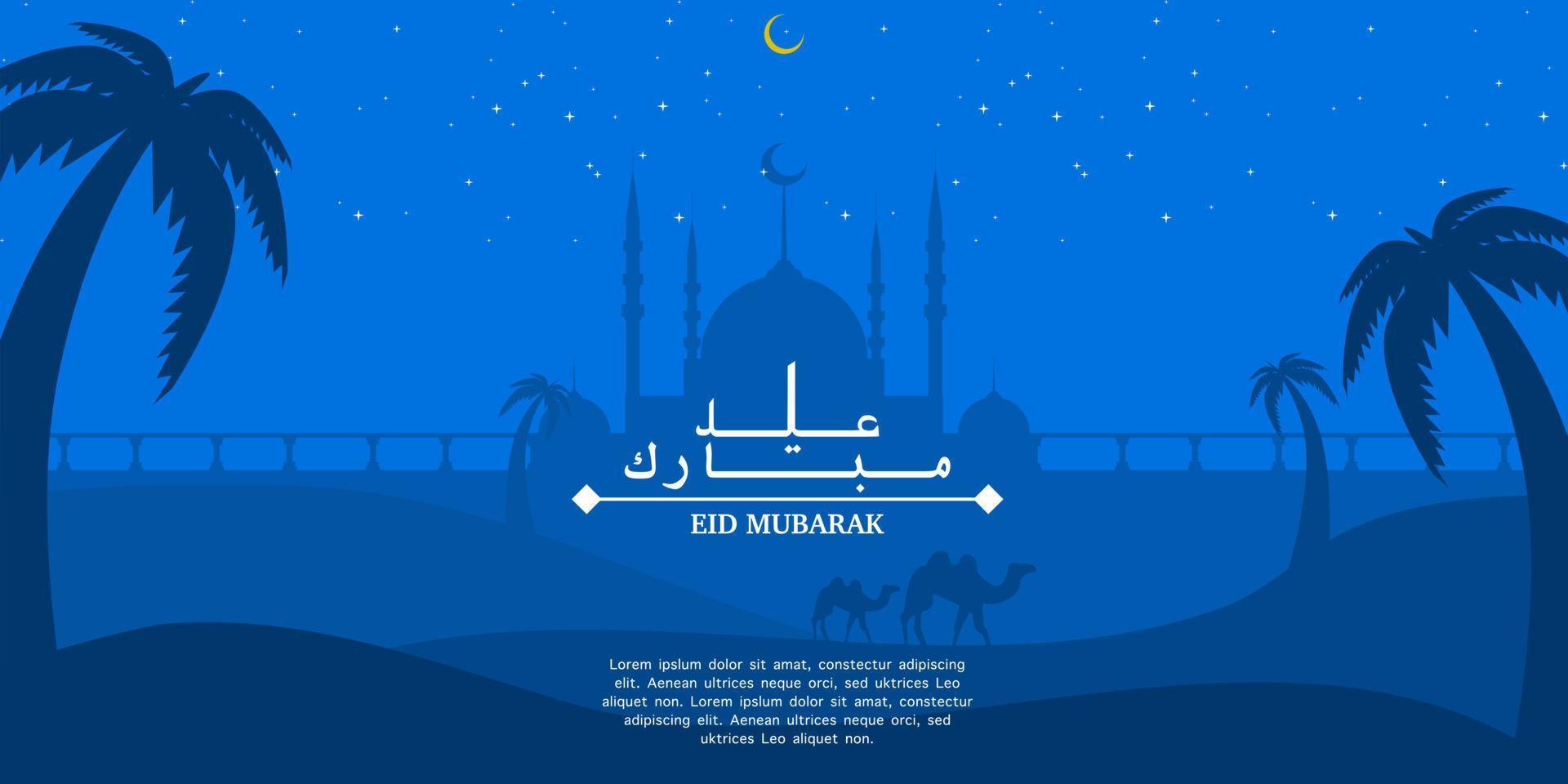 eid Mubarak Illustration mit Moschee Silhouette und Sternenlicht, Mond und Kamel, eid Gruß Banner, Einladung Vorlage, Sozial Medien, usw. eid Mubarak thematisch eben Vektor Illustration.