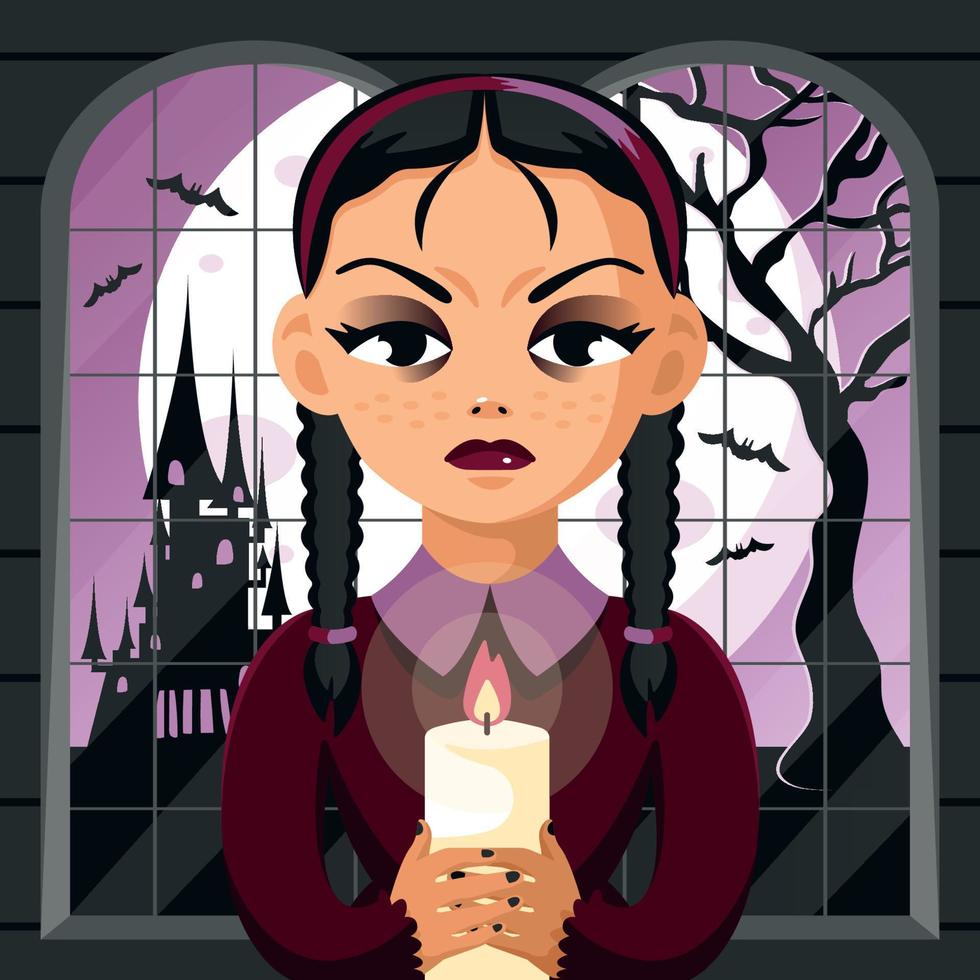 gotik flicka i de kyrkogård på midnatt vektor
