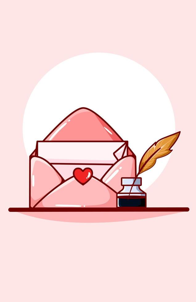 kawaii Liebe Valentinstag Brief im Umschlag mit Dip Pen Cartoon Illustration vektor