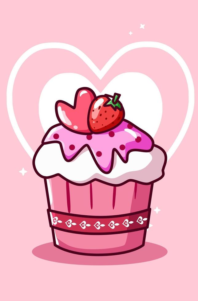 Cupcake-Eis mit Erdbeere in der Karikaturillustration des Valentinstags vektor