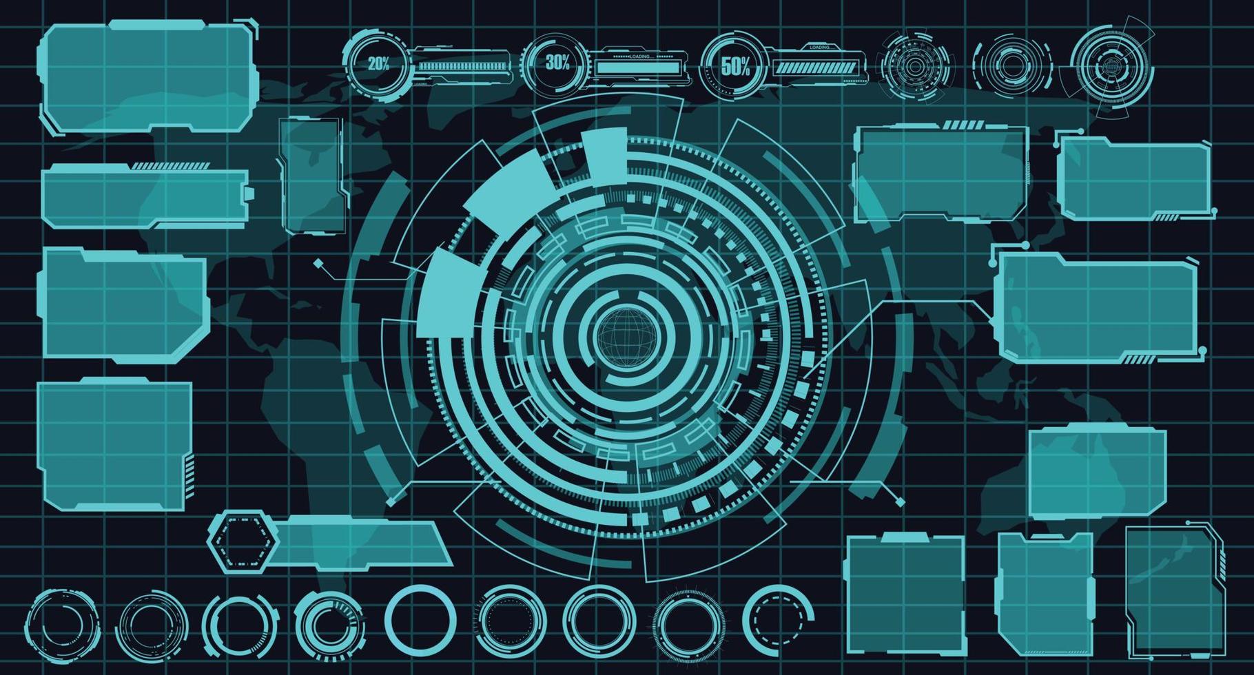 Hud-Elemente-Set-Paket für die digitale Schnittstelle. Benutzeroberfläche, Rahmenbildschirme. Beschriftungstitel, Fui-Kreissatz, Ladebalken. Dashboard-Reality-Technologie-Bildschirm. Vektor