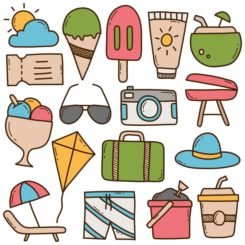 uppsättning sommar doodle ikoner vektor