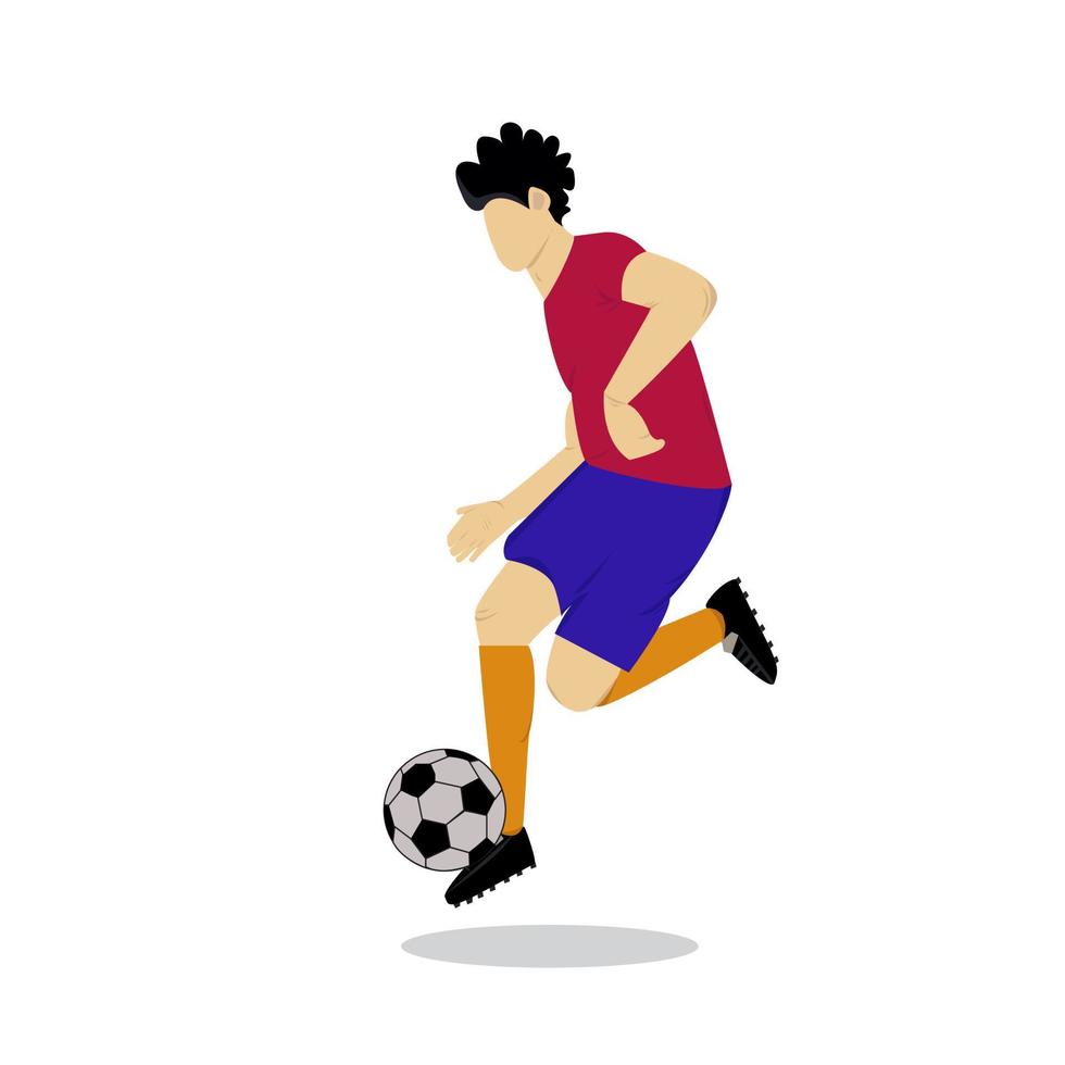 vektor illustration av en manlig fotboll spelare karaktär sparkar och kontrollerande de boll med hans fötter. platt tecknad serie illustration av aktiva manlig karaktär sport tid idrottare