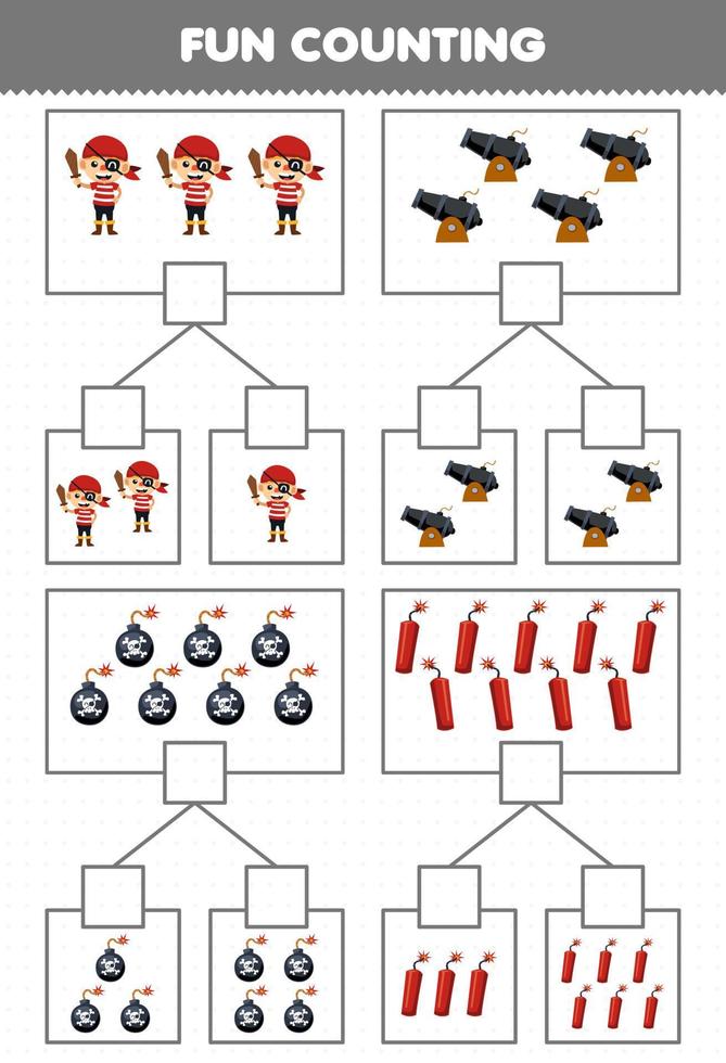 Bildung Spiel zum Kinder Spaß Zählen Bild im jeder Box von süß Karikatur Junge Kanone Bombe und Dynamit druckbar Pirat Arbeitsblatt vektor