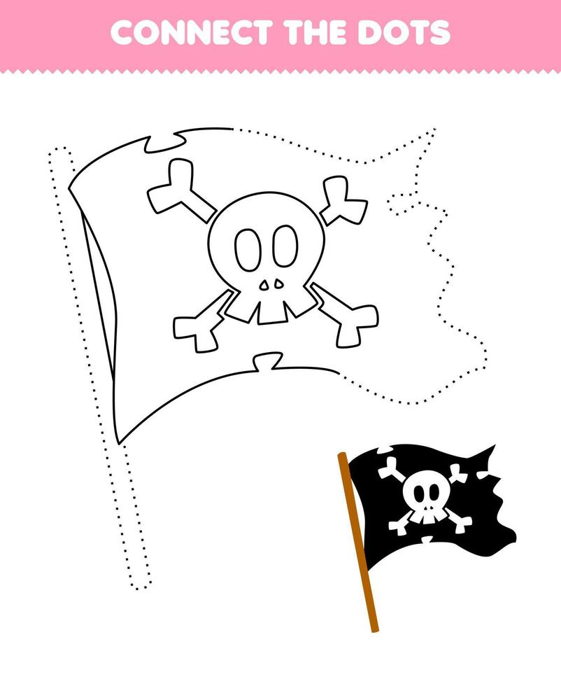 Bildung Spiel zum Kinder verbinden das Punkte und Färbung trainieren mit süß Karikatur Flagge druckbar Pirat Arbeitsblatt vektor