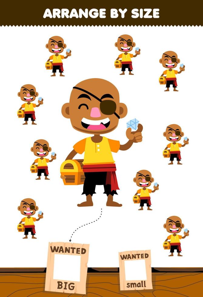 Bildung Spiel zum Kinder ordnen durch Größe groß oder klein Bild von süß Karikatur kahl Mann Charakter druckbar Pirat Arbeitsblatt vektor