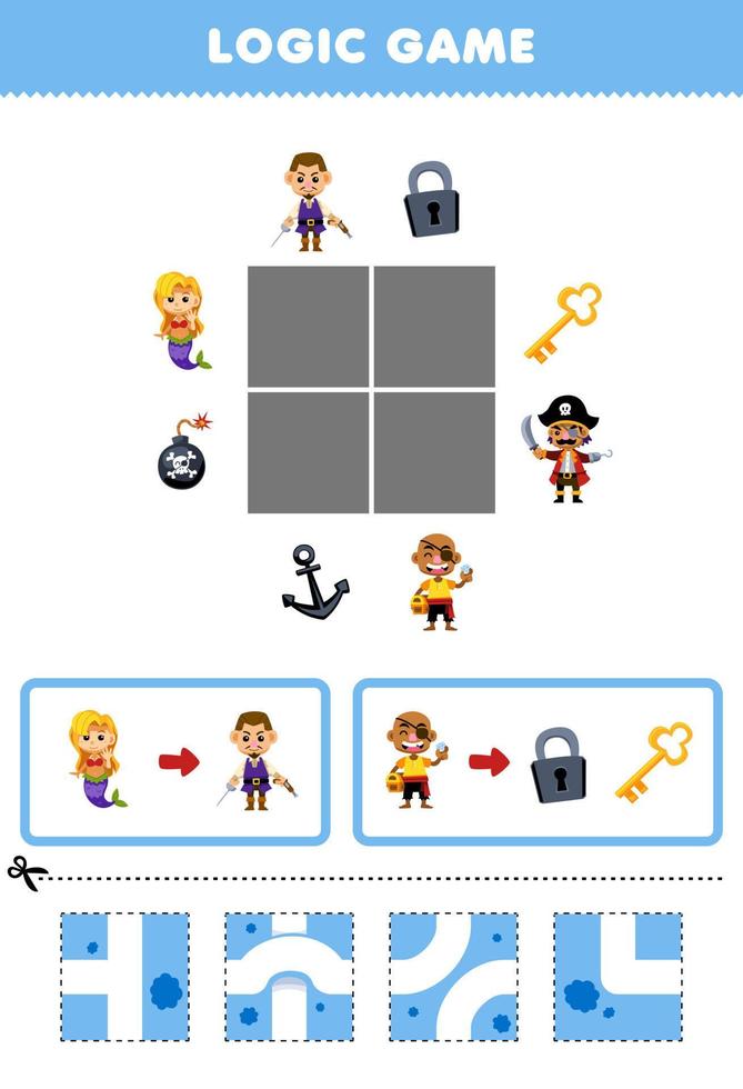 Bildung Spiel zum Kinder Logik Puzzle bauen das Straße zum süß Charakter Bewegung zu richtig Objekt druckbar Pirat Arbeitsblatt vektor