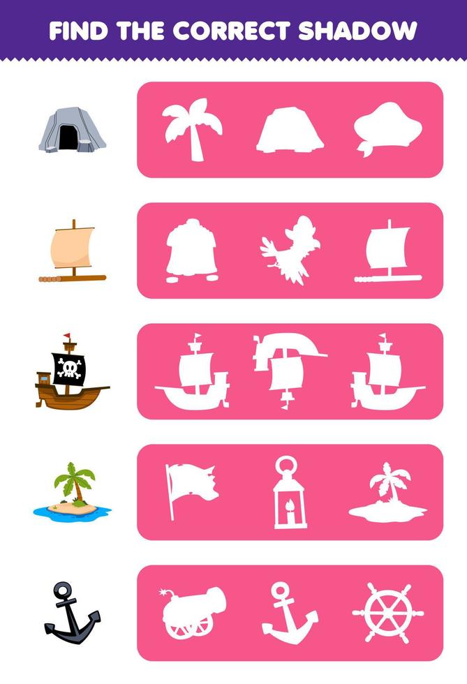 utbildning spel för barn hitta de korrekt skugga silhuett av söt tecknad serie grotta flotte fartyg ö ankare tryckbar pirat kalkylblad vektor