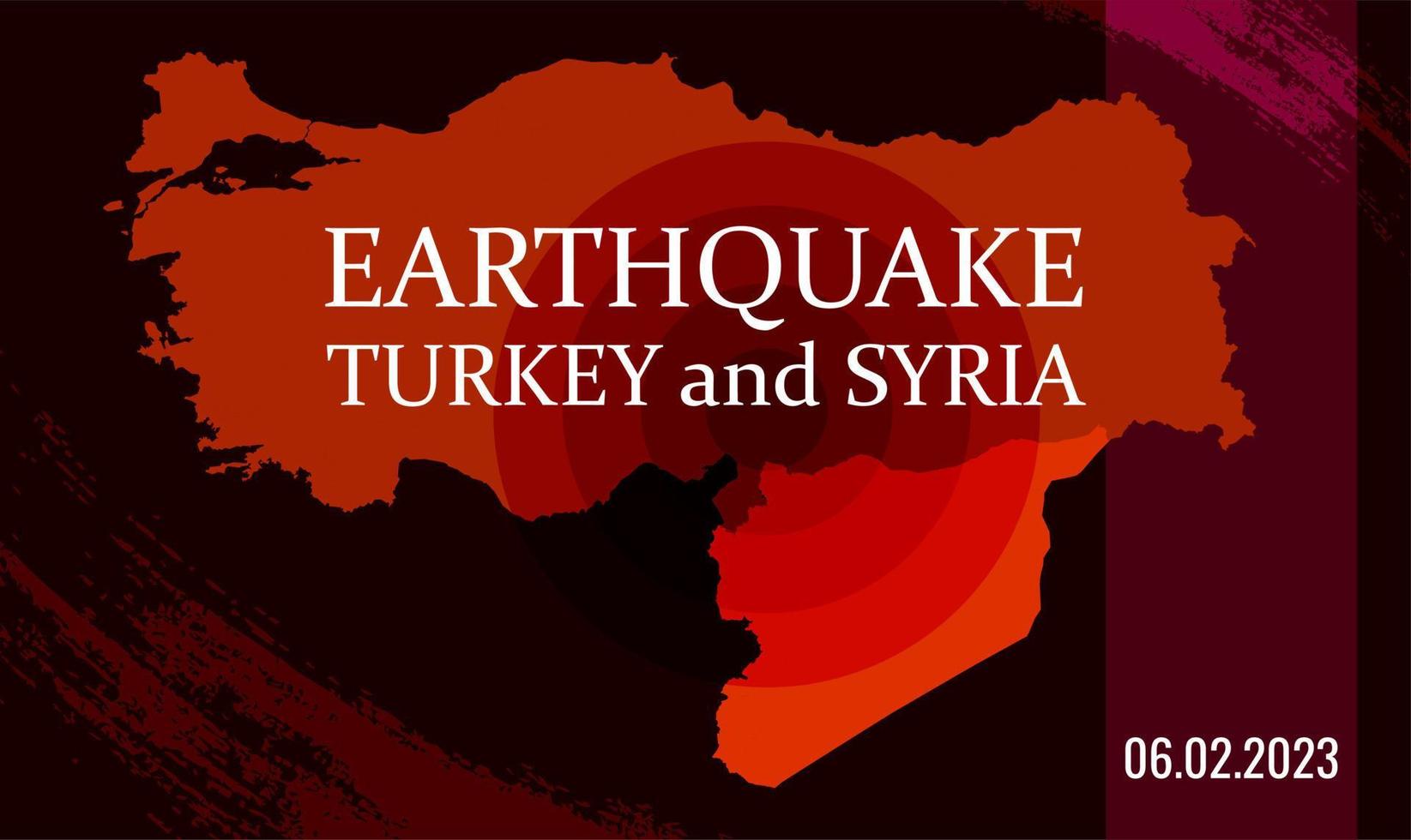 Truthahn und Syrien Erdbeben Banner mit rot Grunge Elemente. Vektor Illustration von das Karte von Truthahn mit Epizentrum von das Erdbeben.