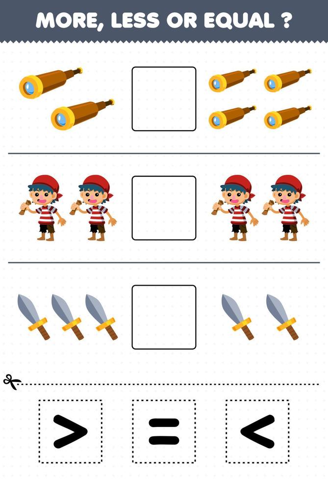 Bildung Spiel zum Kinder Anzahl Mehr weniger oder gleich von Karikatur Fernglas Junge Schwert dann Schnitt und kleben das richtig Zeichen Pirat Arbeitsblatt vektor