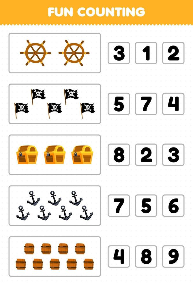 Bildung Spiel zum Kinder Spaß Zählen und wählen das richtig Nummer von süß Karikatur Rad Flagge Truhe Anker Fass druckbar Pirat Arbeitsblatt vektor
