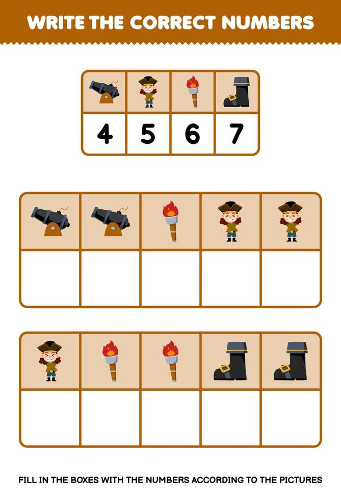 Bildung Spiel zum Kinder schreiben das richtig Zahlen im das Box gemäß zu das süß Kanone Junge Fackel Stiefel auf das Tabelle druckbar Pirat Arbeitsblatt vektor