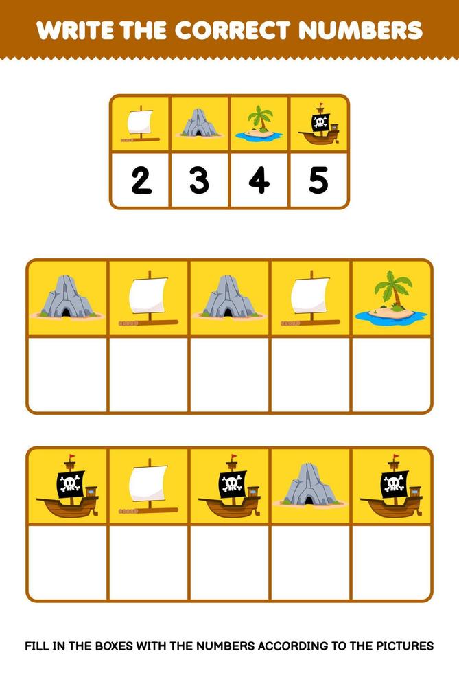 utbildning spel för barn skriva de rätt tal i de låda enligt till de söt flotte grotta ö fartyg på de tabell tryckbar pirat kalkylblad vektor