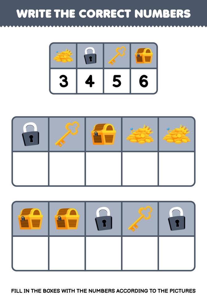 utbildning spel för barn skriva de rätt tal i de låda enligt till de söt skatt bröst hänglås nyckel på de tabell tryckbar pirat kalkylblad vektor