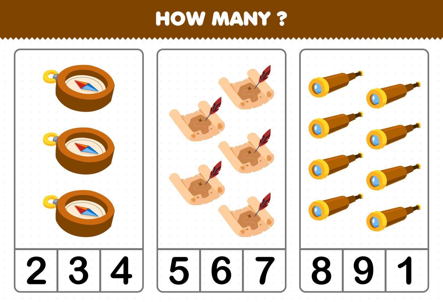Bildung Spiel zum Kinder Zählen Wie viele süß Karikatur Kompass Schatz Karte und Fernglas druckbar Pirat Arbeitsblatt vektor