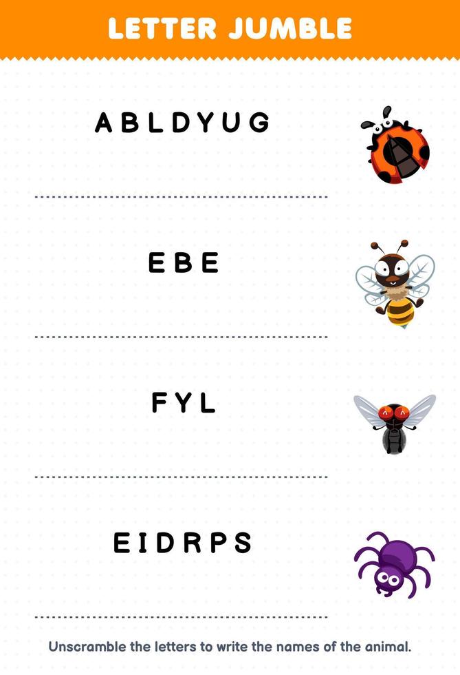 Bildung Spiel zum Kinder Brief Durcheinander schreiben das richtig Name zum süß Karikatur Marienkäfer Biene fliegen Spinne druckbar Tier Arbeitsblatt vektor