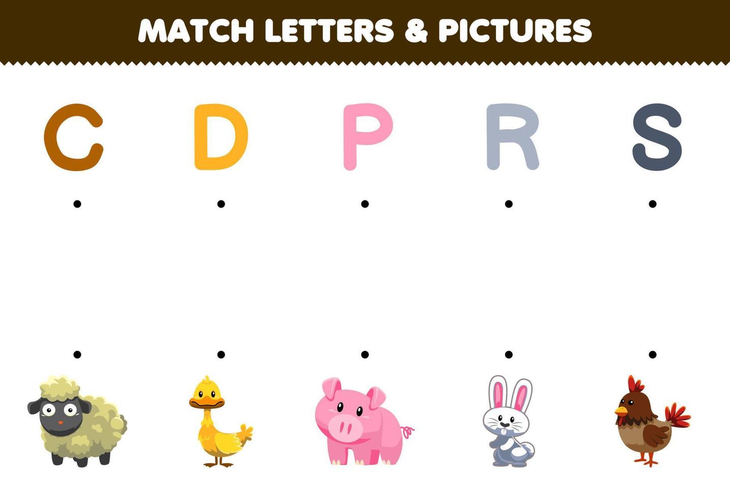 Bildung Spiel zum Kinder Spiel Briefe und Bilder von süß Karikatur Schaf Ente Schwein Hase Hähnchen druckbar Tier Arbeitsblatt vektor
