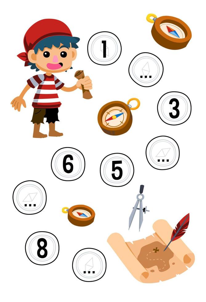 Bildung Spiel zum Komplett das Reihenfolge von Nummer mit süß Karikatur Junge um das Kompass und Schatz Truhe Bild druckbar Pirat Arbeitsblatt vektor