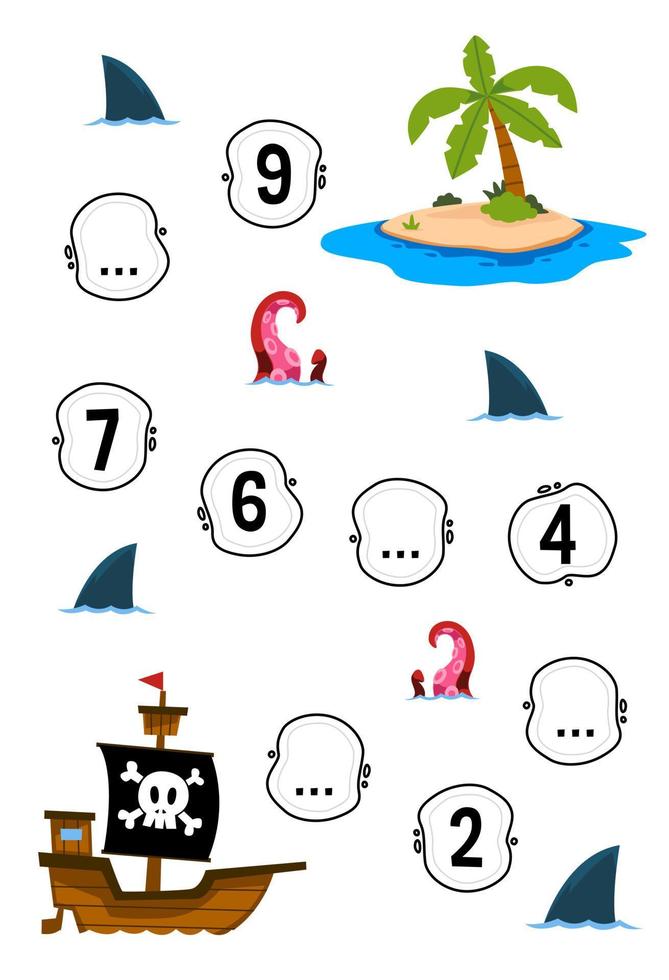 Bildung Spiel zum Komplett das Reihenfolge von Nummer mit süß Karikatur Schiff um das Insel Bild druckbar Pirat Arbeitsblatt vektor