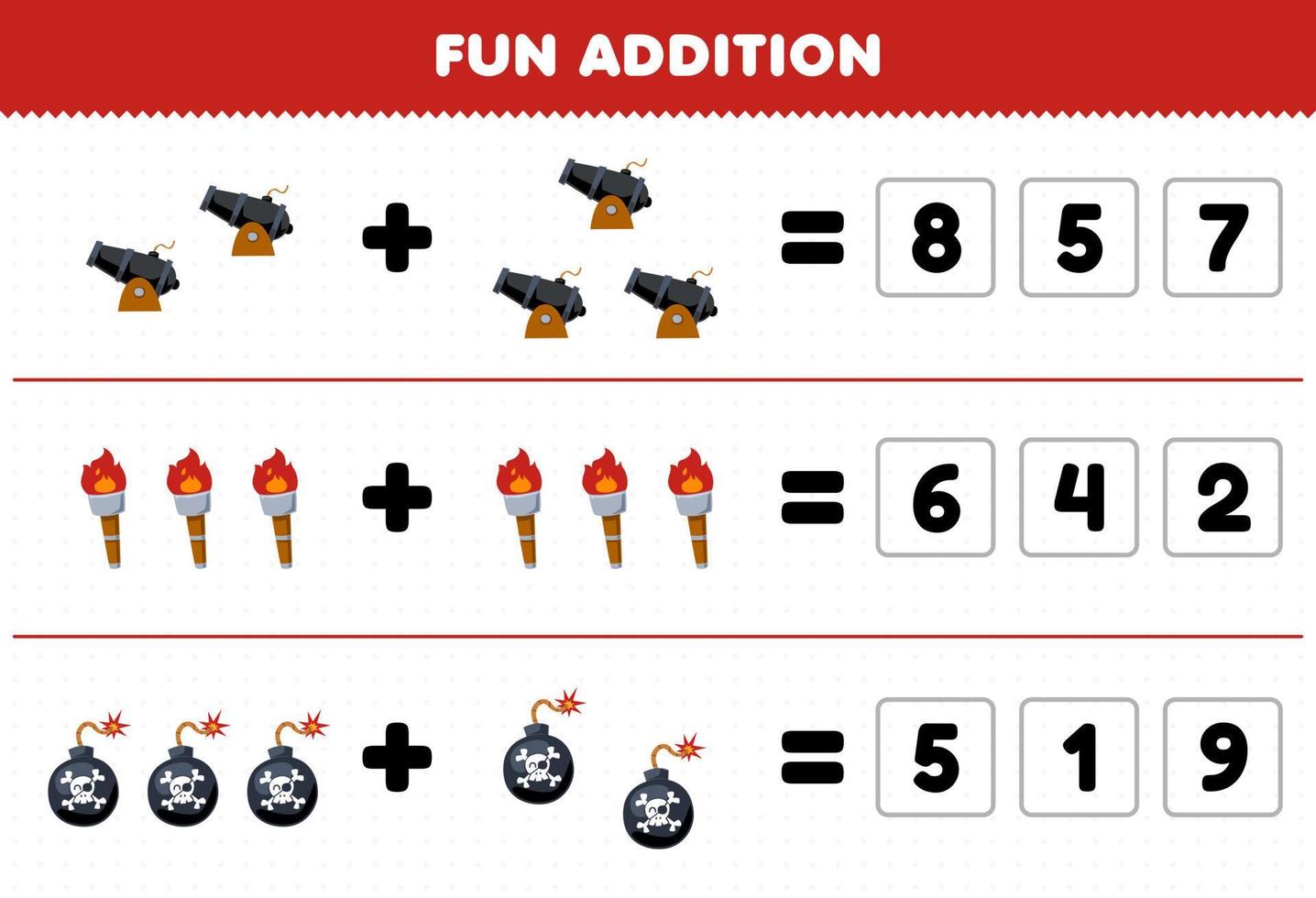 utbildning spel för barn roligt tillägg förbi gissa de korrekt siffra av söt tecknad serie kanon ficklampa och bomba tryckbar pirat kalkylblad vektor