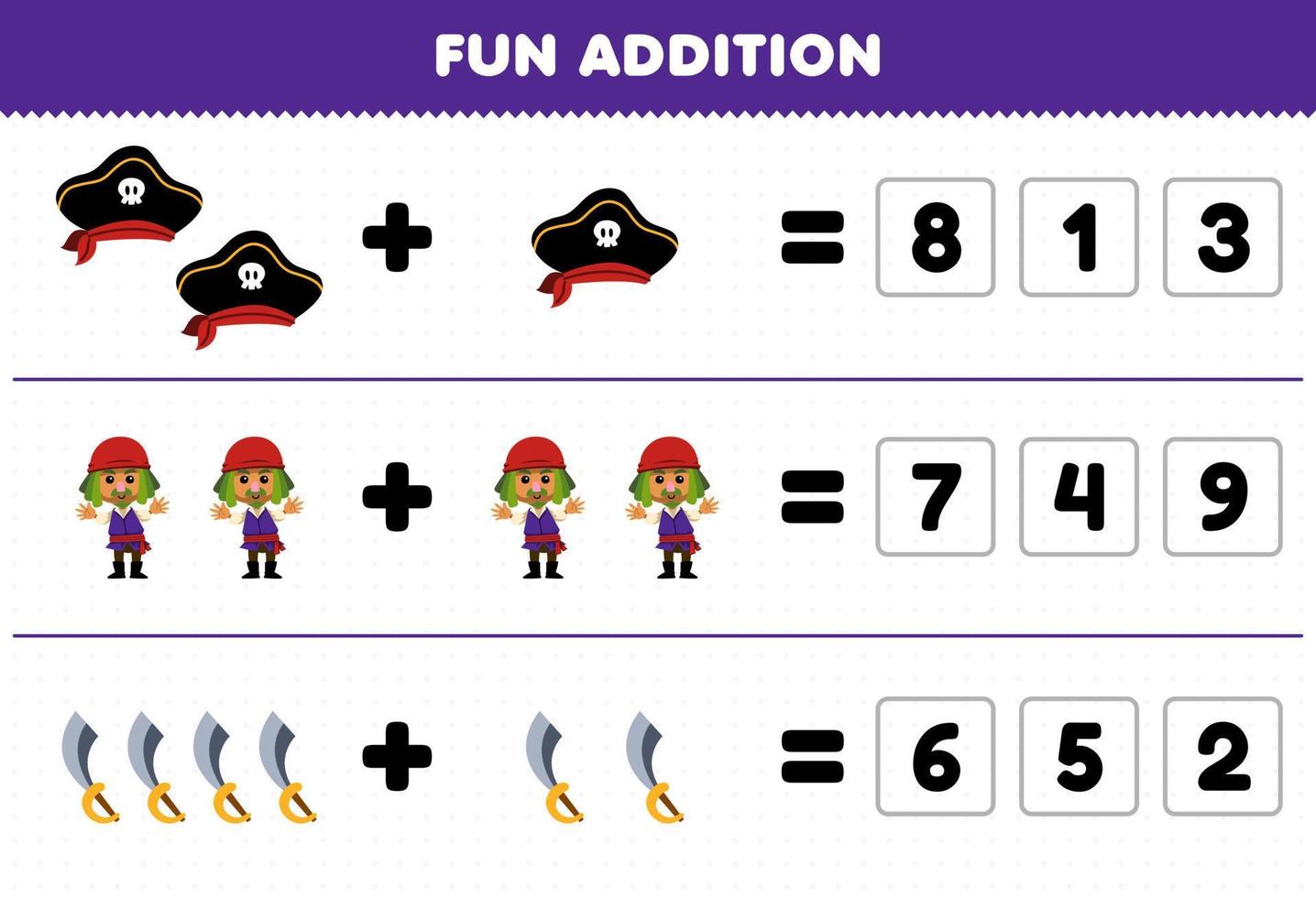 Bildung Spiel zum Kinder Spaß Zusatz durch vermuten das richtig Nummer von süß Karikatur Hut Mann und Schwert druckbar Pirat Arbeitsblatt vektor