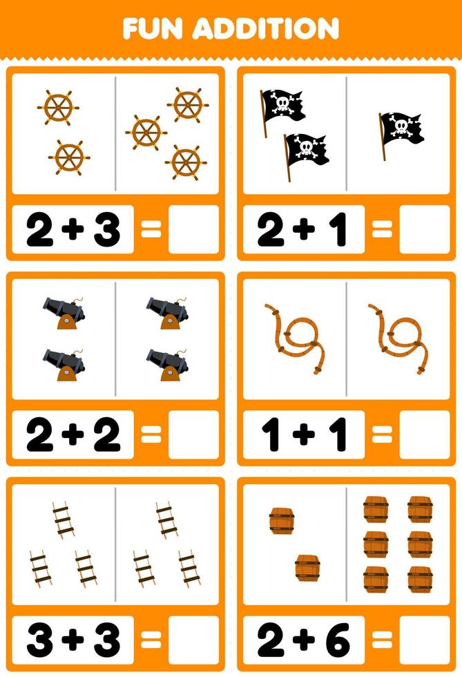 Bildung Spiel zum Kinder Spaß Zusatz durch Zählen und Summe von süß Karikatur Rad Flagge Kanone Seil Leiter Fass druckbar Pirat Arbeitsblatt vektor