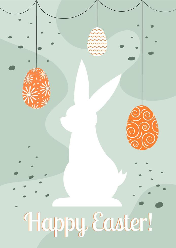 Ostern Urlaub Gruß mit Weiß Hase Silhouette mit hängend dekoriert traditionell Orange Eier, Christentum traditionell Urlaub Einladung, Poster, Feier Karte. vektor