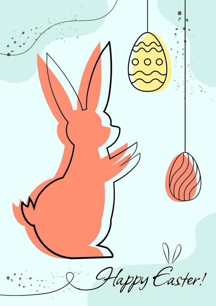 påsk Semester hälsning med kanin silhuett med hängande dekorerad traditionell orange ägg, kristendomen traditionell Semester inbjudan, affisch, firande kort. vektor