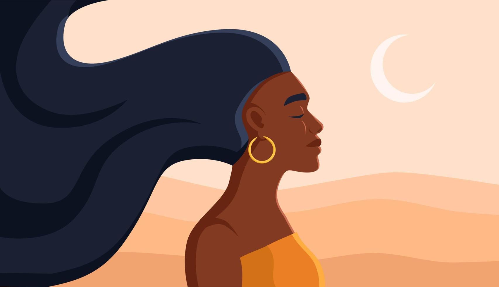 schwarz Frau Profil Gesicht, Vektor Porträt, afrikanisch Frau im das Wüste Illustration.