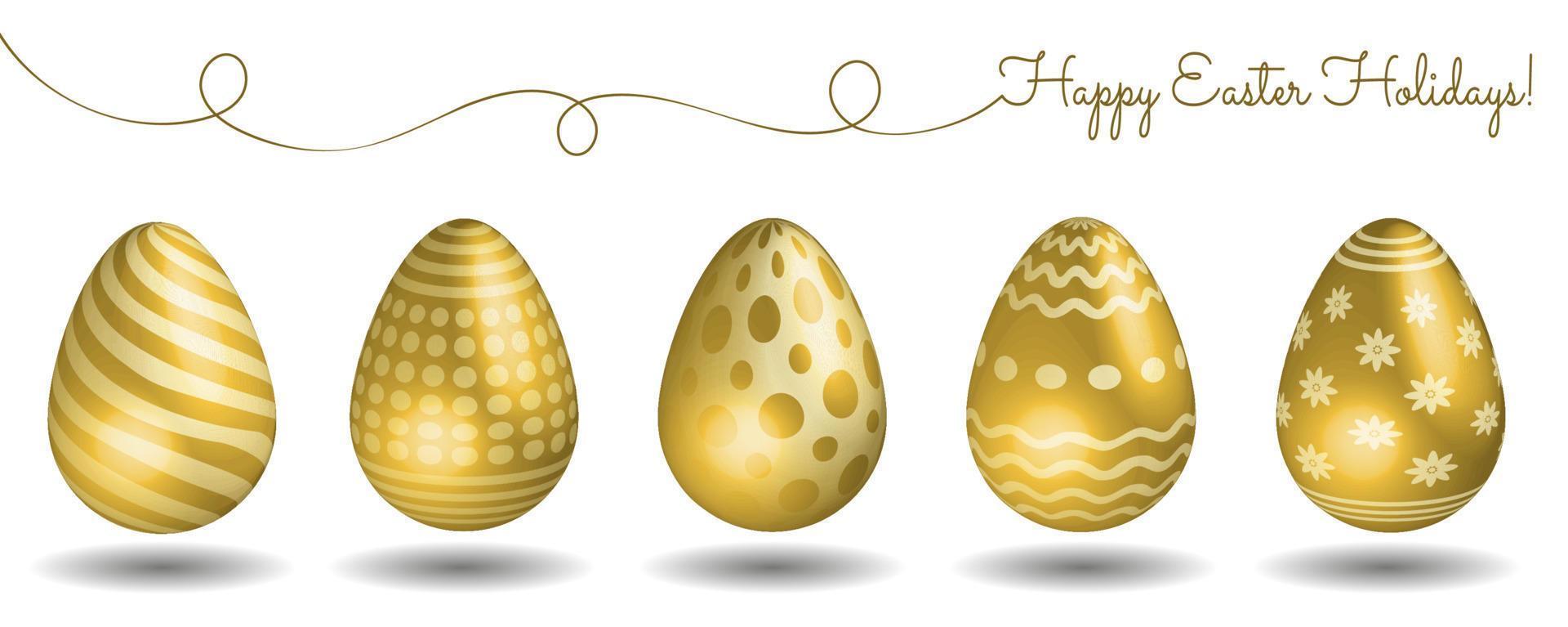 samling av realistisk gyllene vektor påsk dekorerad ägg, traditionell symbol av religiös -ätare Semester, grupp av dekorativ objekt.