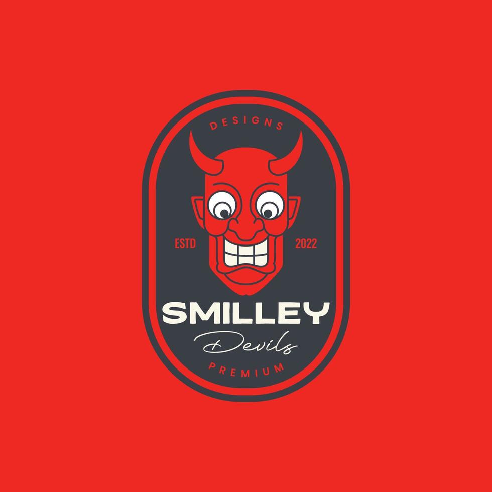 jäkel demon ondska behornad leende tecknad serie maskot bricka årgång logotyp design vektor