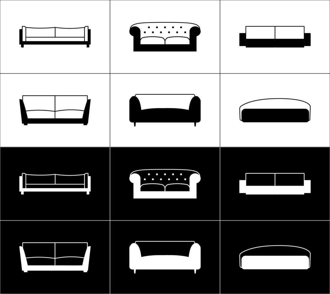 Sofa Gliederung Symbole Satz. Vektor Illustration. schwarz und Weiß.