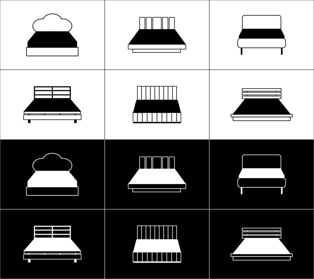 einstellen von sechs Möbel Symbole. Betten. Weiß auf ein schwarz Hintergrund und schwarz auf ein Weiß Hintergrund. vektor