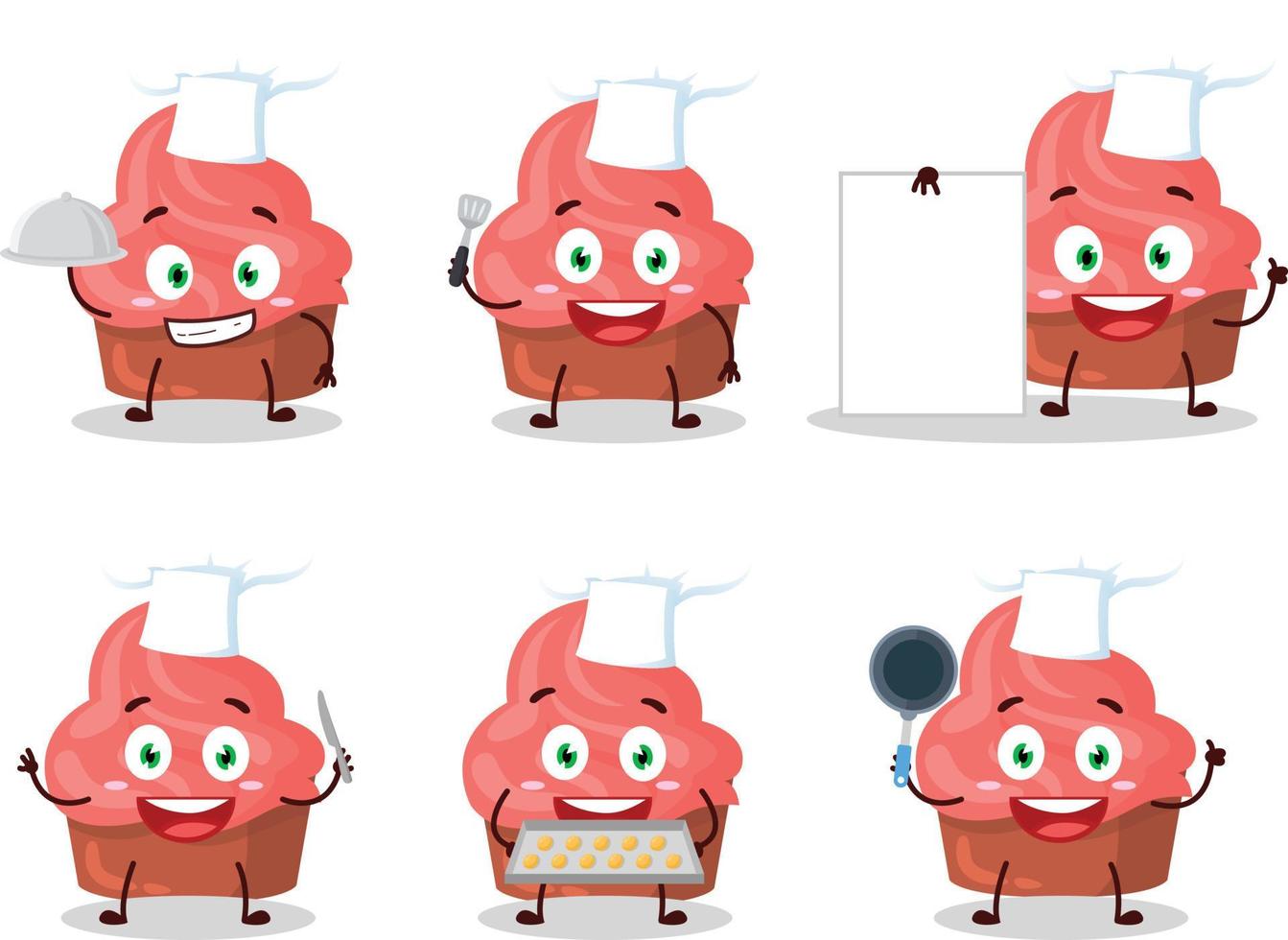 tecknad serie karaktär av jordgubb kaka med olika kock uttryckssymboler vektor
