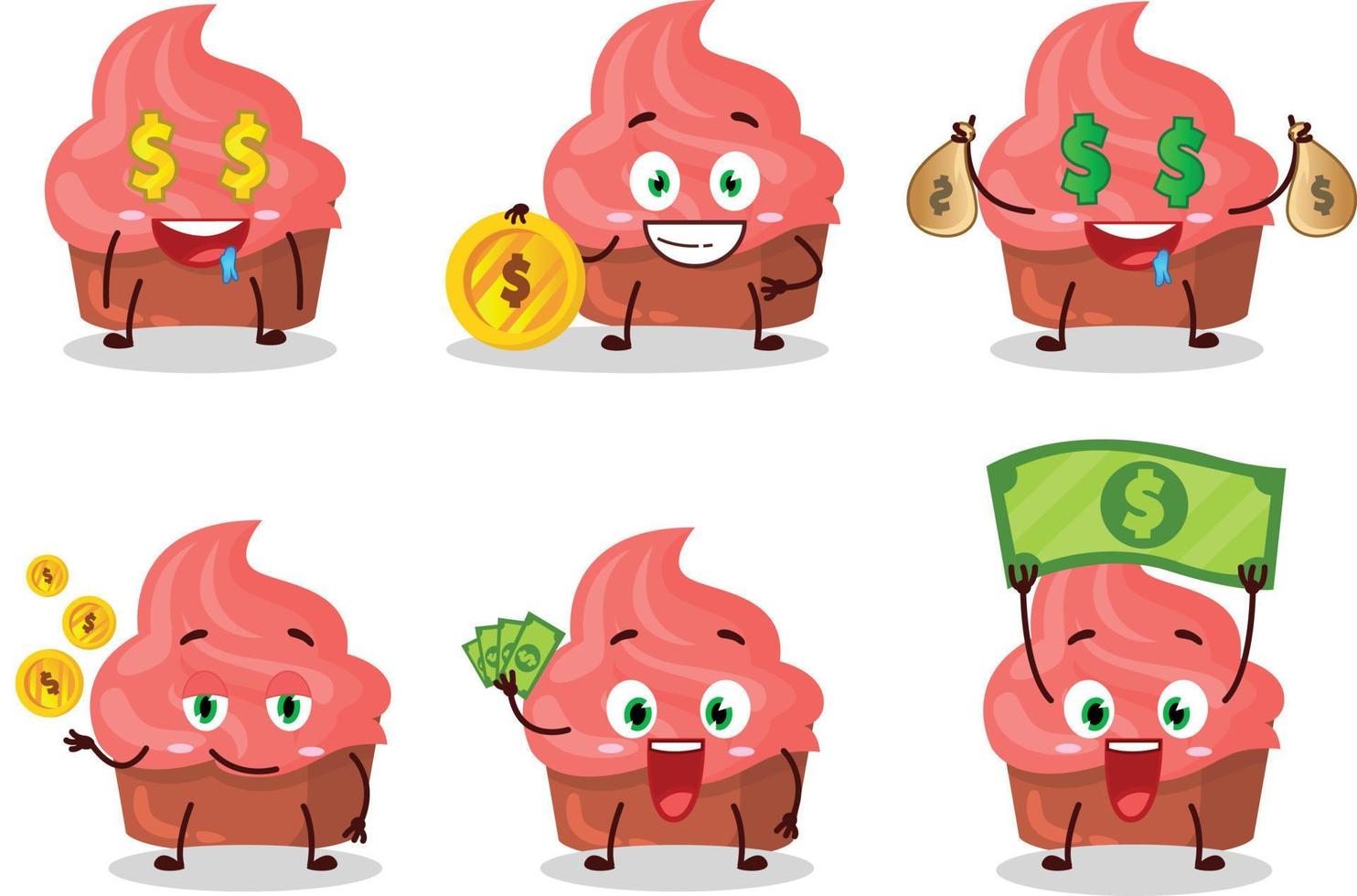 Erdbeere Kuchen Karikatur Charakter mit süß Emoticon bringen Geld vektor