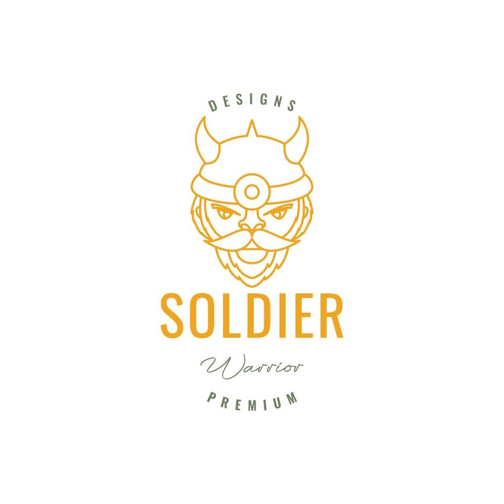 Maskottchen Karikatur alt Mann Soldat Krieger alt Legende Helm Horn Linie Logo Design Vektor
