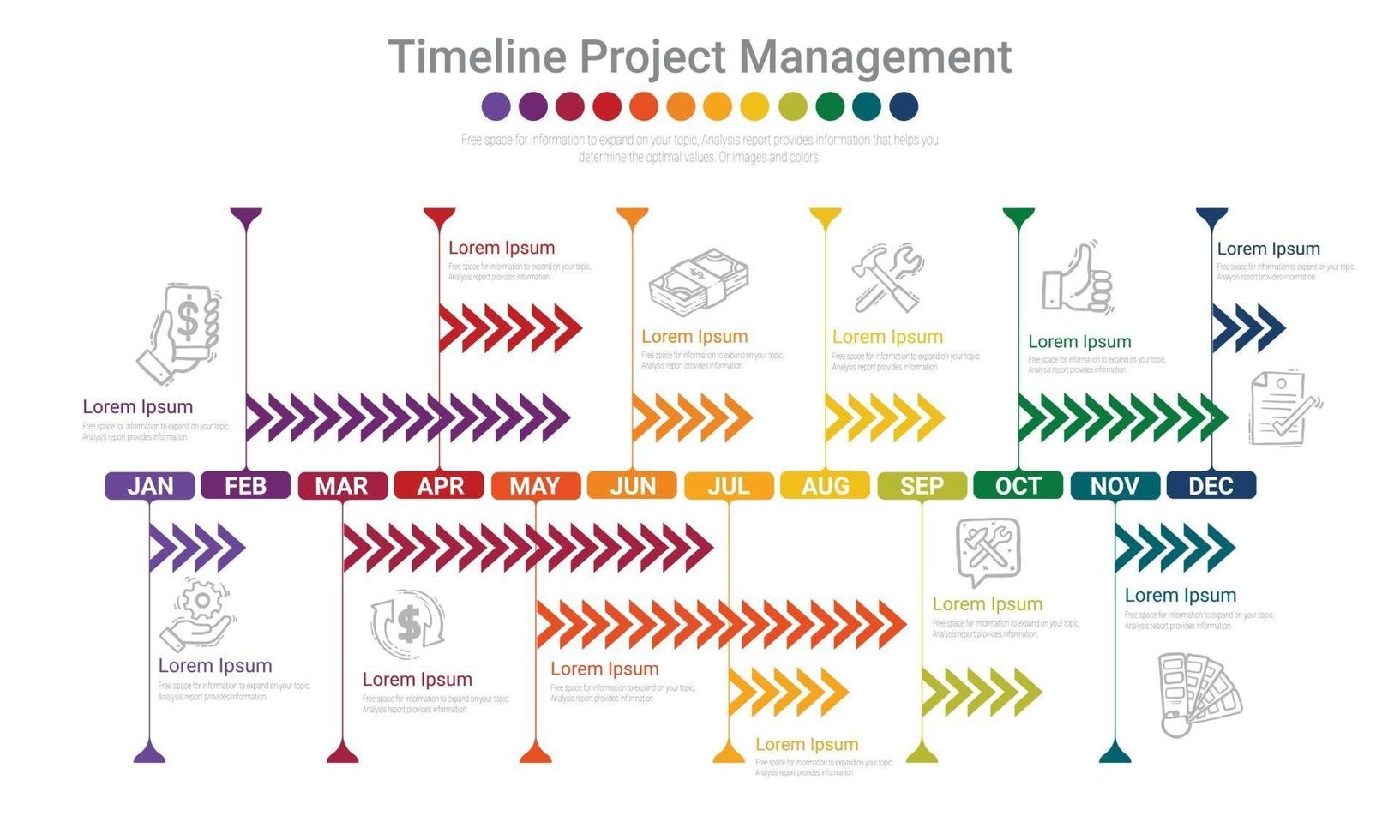 Projektzeitplandiagramm für 12 Monate, 1 Jahr, ganzmonatiges Planungs- und Präsentationsgeschäftsprojekt. vektor