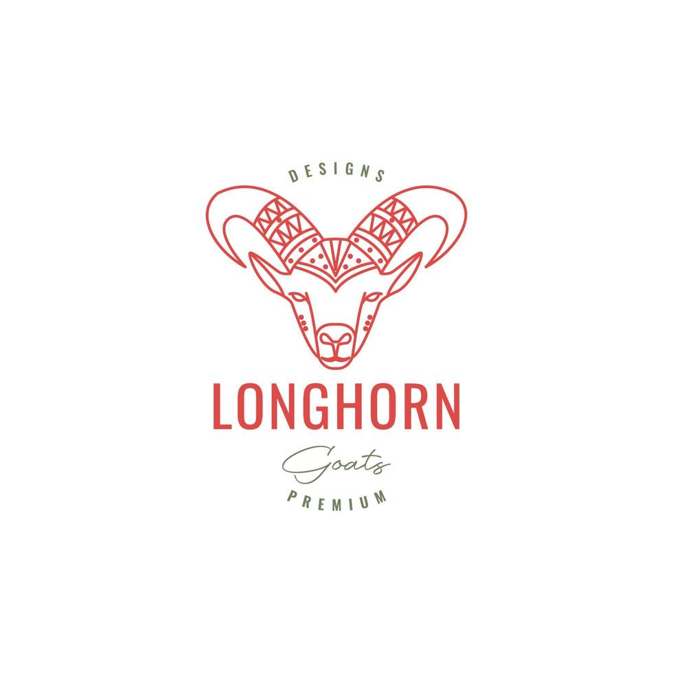 djur- nötkreatur boskap huvud get lång horn lockigt konst linje minimalistisk hipster logotyp design vektor