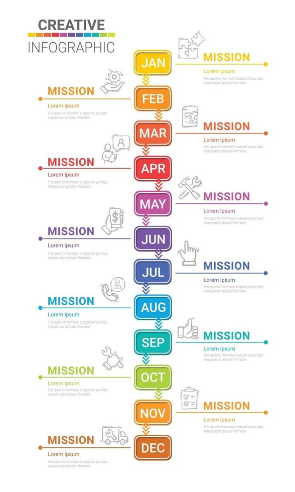 tidslinje för 1 år, 12 månader, infographics hela månaden planerare design och presentation verksamhet kan användas för affärsidé med 12 alternativ, steg eller processer. vektor